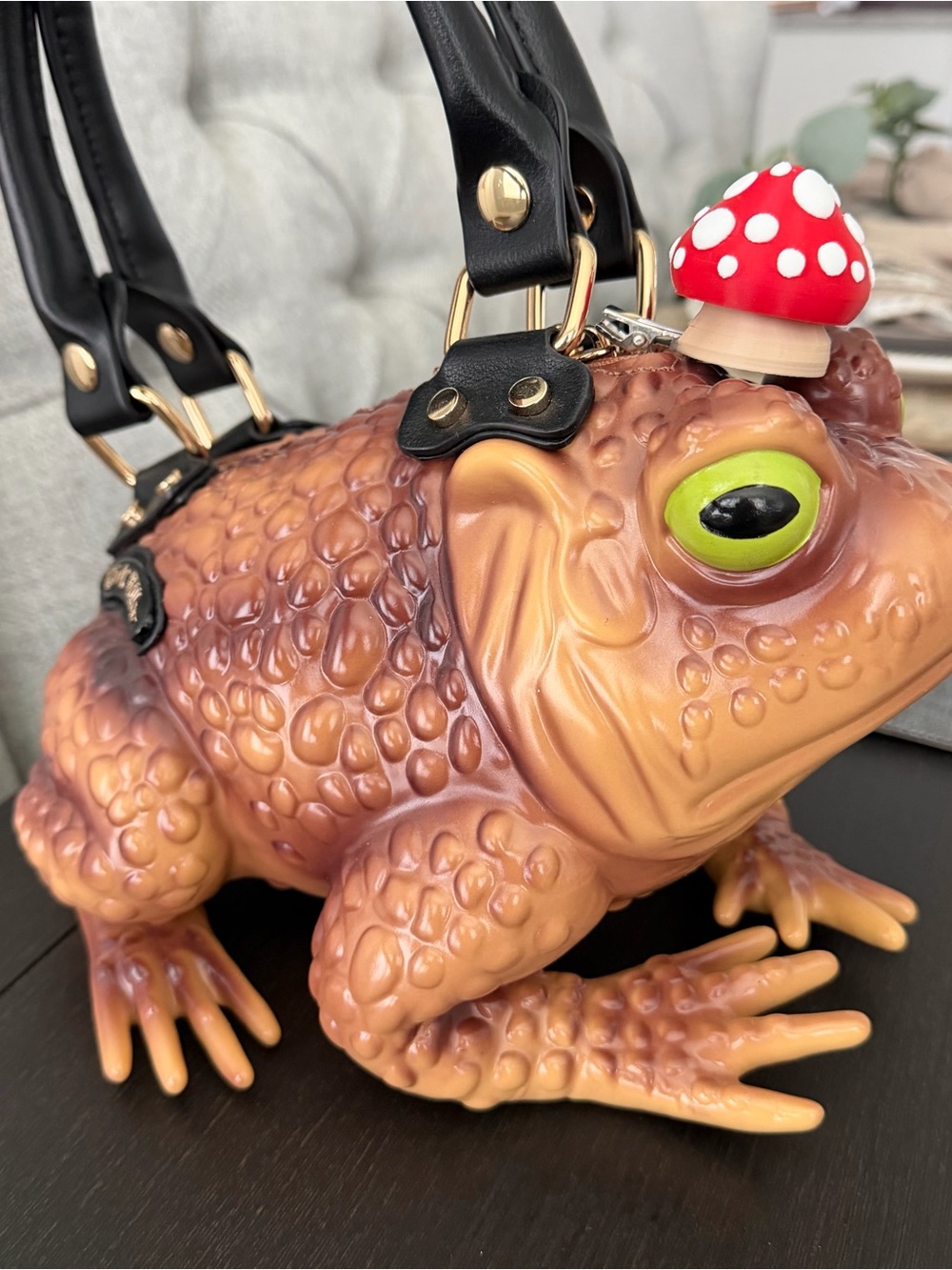 Whimsical Frog Crossbody Bag in Brown with Red Mushroom Accent - Picture 2 of 10